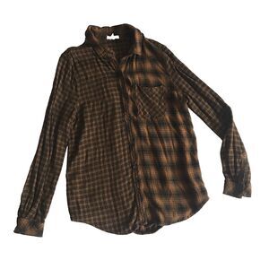 Maurices Womens Button Down Flannel Top S Brown Black Plaid Rayon Shirt Pocket